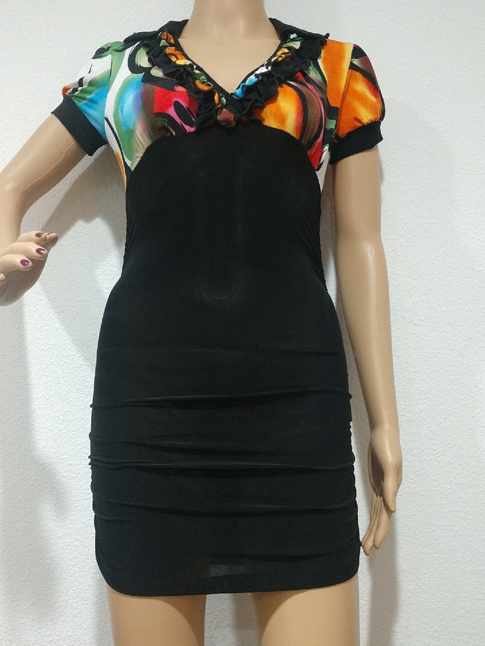 TRUE LIGHT Black Mini Dress with Multicolor Shoulder Accents